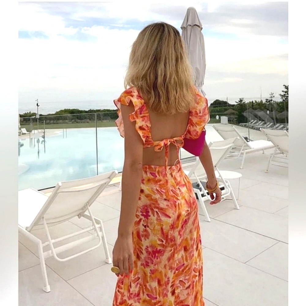 ZARA MAXI DRESS Printed Orange SIZE L & XL - Picture 7 of 16